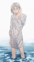 Rule 34 | 1boy, bags under eyes, black eyes, covered navel, dungeon meshi, elf, grey hair, kabe piko, male focus, mithrun, no pants, notched ear, one eye closed, pointy ears, see-through, shirt, short hair, solo, wading, water, wet, wet clothes, wet hair, wet shirt, white shirt