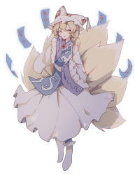 Rule 34 | 1girl, animal hat, blonde hair, blue tabard, dress, fox tail, full body, hair between eyes, hand up, hat, highres, long sleeves, looking at viewer, mob cap, multiple tails, no shoes, ofuda, parted lips, short hair, simple background, sleeves past fingers, sleeves past wrists, slit pupils, smile, socks, solo, tabard, tail, touhou, white background, white dress, white hat, white socks, wide sleeves, yakumo ran, yellow eyes, zhuanjia710