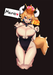 Rule 34 | 1girl, black collar, blonde hair, blueorca, bowsette, bracelet, breasts, breath weapon, breathing fire, cleavage, collar, earrings, fire, highres, horns, huge breasts, jewelry, mario (series), new super mario bros. u deluxe, nintendo, one-piece swimsuit, ponytail, sharp teeth, spiked bracelet, spiked collar, spiked tail, spikes, super crown, super mario bros. 1, swimsuit, tail, teeth