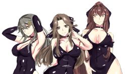 Rule 34 | 3girls, adjusting hair, alternate costume, arm behind back, breasts, brown eyes, brown hair, choker, cleavage, covered erect nipples, covered navel, elbow gloves, gloves, hair between eyes, hand in own hair, haruna (kancolle), highres, jintsuu (kancolle), kantai collection, ken (shutenndouji1), large breasts, light smile, long hair, looking at viewer, looking to the side, multiple girls, sketch, smile, upper body, white background, yamato (kancolle)