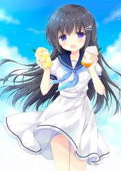 Rule 34 | 1girl, :d, black hair, blue neckerchief, blue sailor collar, blue sky, blush, cloud, cloudy sky, collarbone, commentary request, cup, day, disposable cup, dress, drinking straw, hair ornament, hairclip, hasekura chiaki, highres, holding, holding cup, long hair, neckerchief, open mouth, original, outdoors, puffy short sleeves, puffy sleeves, purple eyes, sailor collar, sailor dress, short sleeves, sky, smile, solo, very long hair, white dress
