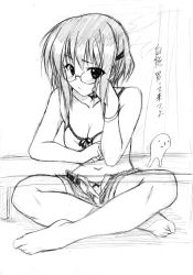 Rule 34 | 1girl, :/, barefoot, head rest, glasses, graphite (medium), greyscale, indian style, looking at viewer, monochrome, oppai kenmin, panties, short hair, short shorts, shorts, sitting, sketch, solo, traditional media, underwear, unzipped