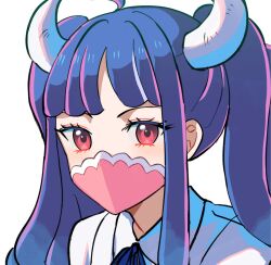 Rule 34 | 1girl, blue hair, blue ribbon, commentary request, covered mouth, highres, horns, kasuga kaya, korean commentary, long hair, looking at viewer, mask, mouth mask, multicolored hair, one piece, pink eyes, pink hair, ribbon, shirt, simple background, solo, two-tone hair, ulti (one piece), white background, white horns, white shirt