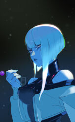 Rule 34 | 1girl, absurdres, artist logo, breasts, candy, cropped jacket, cyberpunk (series), cyberpunk edgerunners, food, from side, half-closed eyes, highres, holding, holding candy, holding food, holding lollipop, ifragmentix, jacket, large breasts, lollipop, looking at viewer, lucy (cyberpunk), making-of available, medium breasts, shirt, short hair, short hair with long locks, sleeveless, sleeveless shirt, solo, upper body, white hair, white jacket