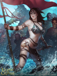 Rule 34 | 1girl, bracelet, breasts, brown eyes, brown hair, circlet, cleavage, copyright name, dagger, dated, day, fish boy, flag, highres, jewelry, knife, large breasts, legend of the cryptids, lius lasahido, long hair, midriff, navel, official art, rock, shell, sky, solo, solo focus, standing, starfish, water, weapon