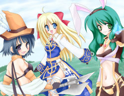 Rule 34 | 3girls, ahoge, animal ears, arch bishop (ragnarok online), axe, back, bikini, bikini top only, blonde hair, blue eyes, blue hair, blush, bow, breasts, brooch, rabbit ears, center opening, cleavage, day, detached sleeves, dress, feathers, fire, gloves, grass, green eyes, green hair, hair bow, hairband, hat, jewelry, laughing, long hair, looking back, magic, mechanic (ragnarok online), medium breasts, multiple girls, navel, necklace, outdoors, pointing, ragnarok online, ribbon, shawl, short hair, signature, sky, smile, swimsuit, thighhighs, warlock, warlock (ragnarok online), weapon
