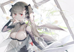 Rule 34 | 1girl, arm up, azur lane, bare shoulders, between breasts, black bow, black dress, black nails, black ribbon, blunt bangs, blush, bow, breasts, character name, closed mouth, clothing cutout, collarbone, commentary, copyright name, cross-laced clothes, cross-laced sleeves, detached collar, dress, earrings, eyelashes, fingernails, flower, formidable (azur lane), frilled dress, frills, gothic lolita, grey hair, hair bow, hair ribbon, highres, jewelry, large breasts, lily (flower), lolita fashion, long hair, long sleeves, looking at viewer, nail polish, necktie, necktie between breasts, red eyes, ribbon, shoulder cutout, sidelocks, solo, soyoong jun, square neckline, twintails, two-tone dress, two-tone ribbon, upper body, very long hair, white dress, white flower, white necktie, window