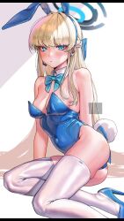 Rule 34 | 1girl, animal ears, blonde hair, blue archive, blue eyes, blue footwear, blue leotard, blush, bow, bowtie, breasts, detached collar, fake animal ears, halo, headset, high heels, highres, leotard, long hair, looking at viewer, medium breasts, nanja, parted lips, playboy bunny, rabbit ears, rabbit tail, simple background, solo, strapless, strapless leotard, tail, thigh strap, thighhighs, toki (blue archive), toki (bunny) (blue archive), very long hair, white thighhighs