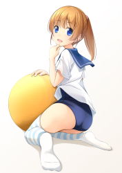 Rule 34 | 1girl, ass, ball, blonde hair, blouse, blue eyes, blue thighhighs, blush, exercise ball, from behind, from side, full body, hand up, highres, long hair, looking at viewer, looking back, one-piece swimsuit, open mouth, original, ponytail, school swimsuit, school uniform, serafuku, shibacha (shibacha 0728), shirt, short sleeves, sidelocks, simple background, smile, soles, solo, striped clothes, striped thighhighs, swimsuit, swimsuit under clothes, tareme, thighhighs, thighs, white background, white shirt, white thighhighs