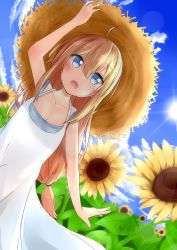Rule 34 | 1girl, absurdres, ahoge, blonde hair, blue eyes, blush, cero-z, dress, flower, hat, highres, long hair, looking at viewer, open mouth, original, solo, straw hat, sunflower, white dress