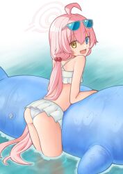 Rule 34 | 1girl, ahoge, ass, bare arms, bare shoulders, bikini, blue archive, commentary request, eyewear on head, fang, frilled bikini, frills, from behind, hair between eyes, hair bobbles, hair ornament, halo, hechi maro, heterochromia, highres, hoshino (blue archive), hoshino (swimsuit) (blue archive), inflatable toy, inflatable whale, long hair, low twintails, official alternate costume, open mouth, pink hair, sidelocks, smile, solo, standing, sunglasses, swimsuit, thighs, twintails, very long hair, wading, water, white bikini
