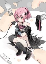 Rule 34 | 1girl, bat hair ornament, blush, boots, bottomless, cape, chiyoda momo, covering privates, covering breasts, dated, demon tail, fingerless gloves, food, fork, fruit, gloves, hair ornament, hairclip, highres, machikado mazoku, minakata sunao, navel, peach, peach slice, pink hair, plate, ponytail, scar, skirt, sweat, tail, thighhighs, translation request