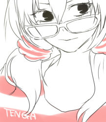 Rule 34 | 1girl, bespectacled, female focus, glasses, monochrome, solo, spot color, striped, tcb, tenga, tengirl, twintails, white background