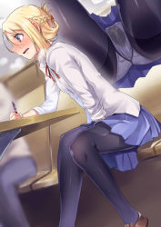 Rule 34 | 1girl, absurdres, bench, between legs, black pantyhose, blonde hair, blue eyes, blue skirt, blush, braid, breath, brown footwear, clenched hand, dutch angle, embarrassed, female focus, french braid, half updo, hand between legs, have to pee, highres, holding, indoors, knees together feet apart, long sleeves, multiple views, neck ribbon, nose blush, onsen mikan, open mouth, original, panties, panties under pantyhose, pantyhose, pen, pleated skirt, red ribbon, ribbon, school uniform, shiny clothes, shirt, shoes, sitting, skirt, sweat, table, tears, underwear, uniform, upskirt, wet, wet clothes, wet panties, white panties, white shirt