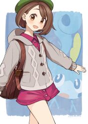 Rule 34 | 1girl, :d, artist name, backpack, bag, brown bag, brown eyes, brown hair, buttons, cable knit, cardigan, collared dress, commentary request, couzone, creatures (company), dress, eyelashes, game freak, gen 8 pokemon, gloria (pokemon), green headwear, grey cardigan, hat, highres, hooded cardigan, looking at viewer, nintendo, open mouth, pokemon, pokemon swsh, short hair, signature, smile, sobble, tam o&#039; shanter
