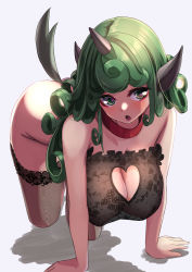 Rule 34 | 1girl, all fours, animal ears, blush, breasts, cleavage, cleavage cutout, clothing cutout, collar, curly hair, fang, green eyes, green hair, hanging breasts, heart, heart-shaped pupils, heart cutout, highres, horns, komainu, komano aunn, lace, large breasts, long hair, nightgown, nipples, parted lips, see-through, short eyebrows, simple background, single horn, skin fang, solo, symbol-shaped pupils, tail, textless version, thick eyebrows, thighhighs, touhou, white background, yukito (dreamrider)