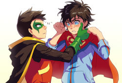 Rule 34 | 2boys, blue eyes, cr72, crying, crying with eyes open, damian wayne, dc comics, domino mask, green eyes, jonathan kent, male focus, mask, multiple boys, robin (dc), super sons, superboy, tears