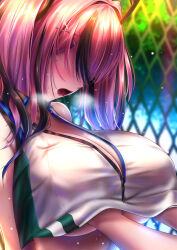 Rule 34 | 1girl, 1other, akeyama kitsune, azur lane, bare shoulders, blush, breasts, bremerton (azur lane), bremerton (scorching-hot training) (azur lane), chain-link fence, cleavage, collarbone, collared shirt, commentary request, crop top, crop top overhang, day, faceless, faceless female, fence, grabbing, grabbing another&#039;s breast, grey hair, groping, hair between eyes, hair intakes, hair ornament, heart, heart necklace, heavy breathing, huge breasts, jewelry, large breasts, long hair, lower teeth only, mole, mole under eye, multicolored hair, necklace, official alternate costume, open mouth, pink hair, pov, shirt, sidelocks, sleeveless, sleeveless shirt, solo focus, sportswear, standing, streaked hair, sweat, teeth, tennis uniform, twintails, two-tone hair, two-tone shirt, upper body, white shirt, x hair ornament