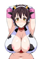 Rule 34 | 1girl, animal ears, animal print, areola slip, armpits, arms behind head, bell, blush, breasts, brown eyes, brown hair, cleavage, collar, covered erect nipples, cow ears, cow girl, cow horns, cow print, cowbell, elbow gloves, gloves, headset, horns, huge breasts, idolmaster, idolmaster cinderella girls, looking at viewer, neck bell, oikawa shizuku, open mouth, short hair, smile, solo, tawashi1623