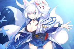 Rule 34 | 1girl, action, aircraft, airplane, animal ears, azur lane, blue eyes, blue skirt, bracelet, breasts, cleavage, collarbone, cowboy shot, crest, eyeshadow, fang, flight deck, fox ears, fox mask, fox tail, haori, highres, japanese clothes, jewelry, kaga (azur lane), kikumon, large breasts, looking to the side, magic, makeup, mask, mephisto (angraecum), multiple tails, open mouth, pleated skirt, short hair, skirt, solo, tail, white hair