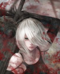 Rule 34 | 1girl, black gloves, blood, blood splatter, closed mouth, elbow gloves, expressionless, gloves, hair over one eye, highres, holding, holding sword, holding weapon, looking at viewer, nier (series), nier:automata, no blindfold, short hair, grey eyes, silver hair, solo, sword, upper body, weapon, yamamoto no ari, 2b (nier:automata), a2 (nier:automata)