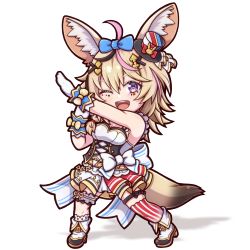 Rule 34 | 1girl, :d, ahoge, alternate costume, animal ears, asymmetrical legwear, bare arms, blonde hair, breasts, chibi, facial mark, fennec fox, fox ears, fox girl, frilled straps, frills, fur trim, gloves, hat, heart, heart in eye, hololive, idol, idol clothes, layered skirt, looking at viewer, medium breasts, miloku, mini hat, mini top hat, miniskirt, nonstop story, omaru polka, open mouth, playing card theme, purple eyes, simple background, skirt, skirt set, sleeveless, smile, solo, symbol in eye, teeth, thighhighs, tilted headwear, top hat, underbust, uneven legwear, upper teeth only, virtual youtuber, white background, white gloves