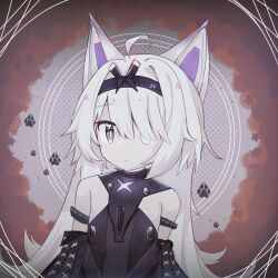 Rule 34 | 1girl, ahoge, animal ears, bare shoulders, black bodysuit, black hairband, black sleeves, bodysuit, ciallo 0721 (poi), closed mouth, commentary request, detached sleeves, grey eyes, grey hair, hair intakes, hair over one eye, hairband, highres, long hair, long sleeves, mechanical ears, no.21: feral scent (punishing: gray raven), no.21 (punishing: gray raven), punishing: gray raven, sidelocks, solo, wolf ears