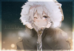 Rule 34 | 1girl, absurdres, animal ears, blush, character name, closed mouth, earrings, fur-trimmed jacket, fur trim, grey eyes, grey hair, hair between eyes, harui (hr x9 ), highres, hololive, hood, hood up, hooded jacket, huge filesize, jacket, jewelry, lion ears, lion girl, long hair, looking at viewer, necklace, one eye closed, shirt, shishiro botan, shishiro botan (1st costume), snow, solo, virtual youtuber