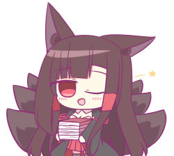 Rule 34 | 1girl, akagi (azur lane), animal ear fluff, animal ears, azur lane, black kimono, book, breasts, brown tail, chibi, cleavage, fox ears, holding, holding book, japanese clothes, kashimu, kimono, kitsune, kyuubi, long hair, looking at viewer, multiple tails, one eye closed, open clothes, open kimono, open mouth, red eyes, red skirt, simple background, skirt, skirt under kimono, solo, star (symbol), tail, white background, wide sleeves