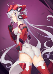 Rule 34 | 1girl, ahoge, arm guards, ass, bare shoulders, black gloves, blush, breasts, commentary request, elbow gloves, eyes visible through hair, finger to mouth, from behind, gloves, green hair, hair between eyes, hand on own hip, headgear, highres, index finger raised, ldfe mk2, legs apart, lipstick, long hair, looking at viewer, looking back, low twintails, makeup, medium breasts, panties, pantyshot, parted lips, pink lips, purple background, purple eyes, red thighhighs, senki zesshou symphogear, shushing, sideboob, solo, standing, thighhighs, twintails, underwear, vambraces, very long hair, white panties, yukine chris