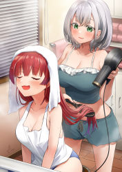 Rule 34 | 2girls, alternate costume, breasts, camisole, cleavage, closed eyes, collarbone, comb, green eyes, hair dryer, highres, hololive, houshou marine, indoors, kito koruta, large breasts, long hair, multiple girls, open mouth, red hair, shirogane noel, short hair, short shorts, shorts, silver hair, smile, spaghetti strap, tank top, towel, towel on head, virtual youtuber, white tank top