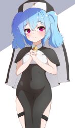 Rule 34 | 1girl, absurdres, belly, blue hair, blush, blush stickers, breasts, chiaki katsumi, commission, highres, looking at viewer, navel, nose, nun, pink eyes, pixellink, praying, simple background, small breasts, smile, solo, thighs, virtual youtuber, white background