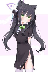 Rule 34 | 1girl, absurdres, animal ears, arms behind back, black hair, blue archive, blush, chinese clothes, commentary request, green eyes, halo, highres, long hair, looking at viewer, mikisai, shun (blue archive), shun (small) (blue archive), simple background, solo, thighhighs, twintails, white thighhighs, aged down