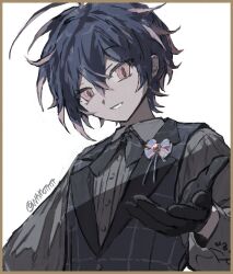 Rule 34 | 1boy, ahoge, black gloves, black vest, blue hair, blue ribbon, bow, bowtie, coat, gloves, gold border, grey coat, grey shirt, highres, looking at viewer, male focus, multicolored hair, namoku (namottttt), neck ribbon, original, outstretched hand, painterly, patterned, pink eyes, pink hair, pink ribbon, ribbon, shirt, signature, smile, spiked hair, striped hair, tsurime, two-tone hair, upper body, vest, waistcoat