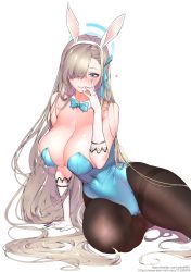 Rule 34 | 1girl, :t, absurdly long hair, animal ears, arm at side, asuna (blue archive), asuna (bunny) (blue archive), bare shoulders, blue archive, blue bow, blue bowtie, blue eyes, blue leotard, blue ribbon, blush, bow, bowtie, breasts, cameltoe, cheek poking, cleavage, covered erect nipples, covered navel, detached collar, fake animal ears, female focus, gloves, hair flowing over, hair over one eye, hairband, halo, hana lee (mougmougko), hand on own cheek, hand on own face, hand up, highres, large breasts, leaning to the side, leotard, long hair, looking at viewer, mole, mole on breast, one eye covered, pantyhose, playboy bunny, poking, rabbit ears, ribbon, shiny skin, simple background, sitting, smile, solo, strapless, strapless leotard, traditional bowtie, very long hair, watermark, web address, white background, white gloves