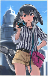 Rule 34 | 1girl, absurdres, alternate costume, bag, black hair, blowhole, blue eyes, blue hair, blurry, blurry background, border, bow, camera, casual, cetacean tail, commentary request, contemporary, day, fanny pack, fins, fish tail, grey hair, hair bow, hand up, head fins, highres, holding, holding camera, jewelry, kemono friends, long hair, looking at viewer, multicolored hair, narwhal (kemono friends), open mouth, outdoors, parted bangs, pendant, shirt, shorts, side ponytail, solo, striped clothes, striped shirt, tail, toriny, vertical stripes, very long hair