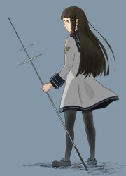 Rule 34 | black footwear, black pantyhose, blue background, blue sailor collar, brown hair, closed mouth, commentary request, dated, dress, from behind, from side, hair ribbon, highres, holding, holding polearm, holding weapon, kantai collection, kuragare, long hair, long sleeves, looking at viewer, murakumo (kancolle), orange eyes, pantyhose, polearm, red eyes, red ribbon, ribbon, sailor collar, sailor dress, sidelocks, signature, solo, spear, tress ribbon, very long hair, weapon
