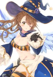 Rule 34 | 10s, 1girl, bad id, bad twitter id, beatrix (granblue fantasy), bikini, bikini top only, blowing kiss, brown hair, detached sleeves, gloves, granblue fantasy, hat, highres, long hair, minikon, one eye closed, ponytail, solo, swimsuit, witch hat