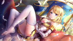 Rule 34 | #compass, 1girl, :o, blonde hair, blush, breasts, center opening, character request, cleavage, cleavage cutout, clothing cutout, day, dressing, dutch angle, elbow gloves, eyes visible through hair, gauntlets, gloves, highres, indoors, jeanne d&#039;arc (#compass), lens flare, looking at viewer, medium breasts, purple eyes, short hair, sitting, skirt, solo, swept bangs, thighhighs, usagihime, white thighhighs, wind