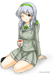 Rule 34 | 1girl, blazer, commentary request, double-breasted, glass, green hairband, grey eyes, grey sailor collar, grey skirt, hairband, jacket, kantai collection, kudou (ooabareteng), long hair, looking at viewer, official alternate costume, one-hour drawing challenge, one eye closed, pleated skirt, sailor collar, sidelocks, silver hair, simple background, sitting, skirt, solo, wavy hair, white background, yamagumo (kancolle), yokozuwari