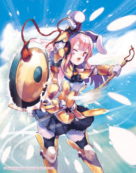 Rule 34 | 1girl, animal ears, armor, armored boots, armpits, boots, cardfight!! vanguard, company name, fang, faulds, gloves, graphite (medium), greeting drummer, hair ornament, hairclip, long hair, official art, one eye closed, open mouth, orange eyes, pantyhose, pink hair, rabbit ears, saitou takeo, solo, traditional media, white pantyhose