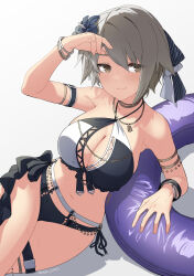 1girl arm_belt arm_support arm_up armlet assault_lily bare_shoulders belt belt_buckle bikini black_belt black_bikini black_flower black_ribbon blush bracelet breasts buckle closed_mouth collarbone cowboy_shot crossed_legs fingernails flower grey_background grey_eyes grey_hair hair_between_eyes hair_flower hair_ornament hair_ribbon halterneck hand_on_own_head hand_up hibiscus highres jewelry kawazoe_misuzu large_breasts leaning_on_object light_smile looking_at_viewer multi-strapped_bikini_bottom navel neck_ring necklace official_alternate_costume pendant ribbon shadow short_hair side-tie_bikini_bottom simple_background sitting solo stomach striped_ribbon swim_ring swimsuit thigh_belt thigh_strap thighlet tsukinami_kousuke twitter_username two-tone_bikini wet white_bikini white_ribbon wristband