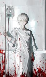 Rule 34 | 1boy, blackbox (blackbox9158), blood, blood on clothes, blood on face, blood on hands, blood on wall, blood splatter, child, expressionless, hospital gown, intravenous drip, korean commentary, looking at viewer, male focus, name tag, original, solo, white hair, yellow eyes
