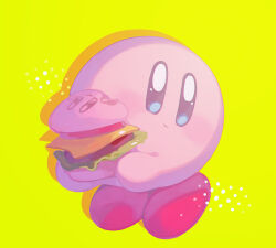 Rule 34 | blue eyes, burger, closed mouth, colored skin, commentary request, drop shadow, food, highres, holding, holding food, kananishi, kirby, kirby (series), kirby burger, light blush, light smile, looking to the side, nintendo, no humans, partial commentary, pink skin, red footwear, shoes, simple background, solo, yellow background