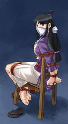 Rule 34 | 1girl, ace attorney, barefoot, bdsm, black hair, blue eyes, bondage, bound, bound ankles, bound arms, bound fingers, bound legs, bound wrists, breasts, capcom, cloth gag, feet, gag, gagged, highres, improvised gag, looking at viewer, lost one zero, maya fey, over the nose gag, phoenix wright: ace attorney - spirit of justice, shoes, unworn shoes, sideboob, tied to chair