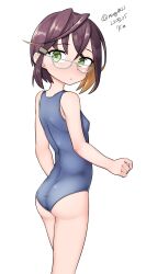 Rule 34 | 1girl, absurdres, aqua-framed eyewear, ass, black hair, blue one-piece swimsuit, brown hair, feet out of frame, from behind, glasses, green eyes, highres, kantai collection, looking at viewer, looking back, maru (marg0613), multicolored hair, okinami (kancolle), one-hour drawing challenge, one-piece swimsuit, school swimsuit, short hair, simple background, solo, standing, swimsuit, wedgie, white background