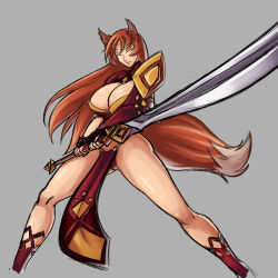 Rule 34 | 1girl, animal ears, armor, asymmetrical clothes, bad idea, bare legs, breasts, brown hair, cleavage, cleavage cutout, closed eyes, clothing cutout, fox ears, fox tail, highres, horori, huge breasts, huge weapon, legs, loincloth, original, pauldrons, shoulder armor, solo, sunrise stance, sword, tail, thick thighs, thighs, weapon