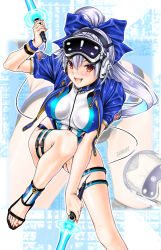 Rule 34 | 1boy, 1girl, blue bow, blue jacket, blue one-piece swimsuit, blush, bow, breasts, competition swimsuit, dual wielding, energy sword, eyewear on head, fate/grand order, fate (series), grey hair, hair between eyes, hair bow, head-mounted display, headphones, highleg, highleg swimsuit, holding, jacket, large breasts, long hair, looking at viewer, one-piece swimsuit, open mouth, ponytail, red eyes, short hair, short sleeves, smile, swimsuit, sword, thighs, tomoe gozen (fate), tomoe gozen (swimsuit saber) (fate), tomoe gozen (swimsuit saber) (first ascension) (fate), two-tone swimsuit, weapon, white one-piece swimsuit, yagyuu munenori (fate), yuuse kouichi