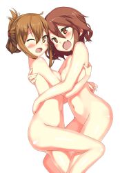 Rule 34 | 10s, 2girls, bad id, bad pixiv id, blush, breast press, breasts, brown eyes, brown hair, fang, folded ponytail, from side, hair ornament, hairclip, highres, hug, ikazuchi (kancolle), inazuma (kancolle), kantai collection, kawai (purplrpouni), long hair, looking at viewer, multiple girls, mutual hug, navel, nude, one eye closed, open mouth, short hair, simple background, skin fang, small breasts, smile, white background, yuri