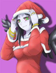 Rule 34 | black hair, bracelet, christmas, dress, duel monster, fabled grimro, feathers, green eyes, hat, holding, jewelry, looking at viewer, ring, wings, yu-gi-oh!